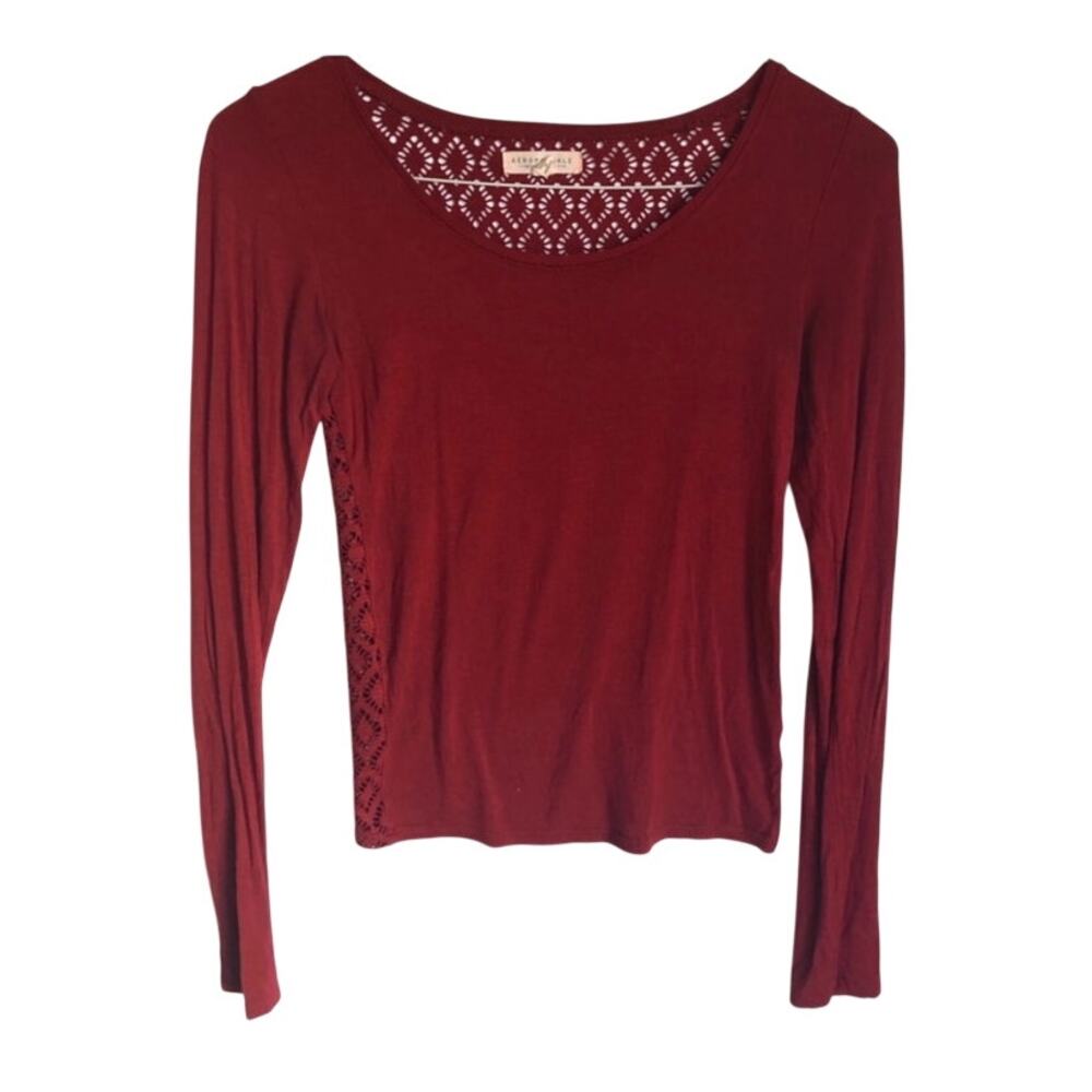 Aeropostale Laser Cut Crochet Knit Back Maroon Long Sleeve Top Size Small